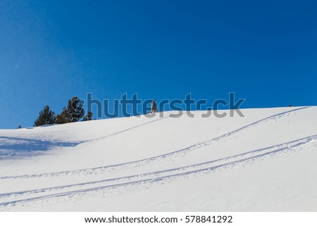 Snowboarder riding fresh snow powder in mountains.