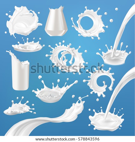 Set of 3D vector milk splash and pouring Royalty-Free Stock Photo #578843596