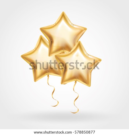 3 Three Gold star balloon on background. Party balloons event design decoration. Balloons isolated in air. Party decorations wedding, birthday, celebration, anniversary, award. Shine Golden balloon