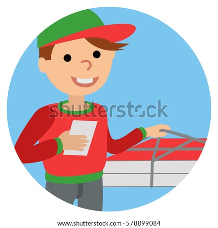 Pizza delivery man in uniform standing with box in his hands. Icone on white background.