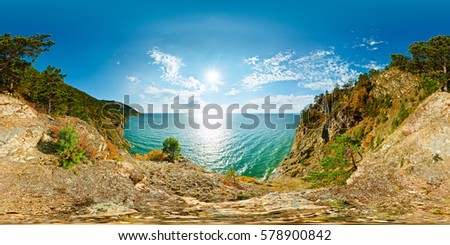 360 degrees 180 spherical panorama of a cliff above the water Baikal Sea.  vr content Royalty-Free Stock Photo #578900842