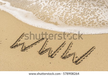 Www internet address url written in sandy beach with water wave.