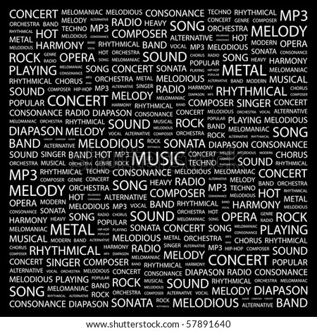 MUSIC. Word collage on black background. Illustration with different association terms.