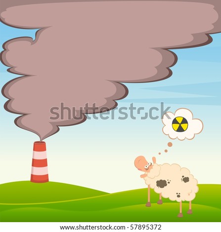 Vector sheep looks as a factory is contaminated by atmosphere by poisonous garbage