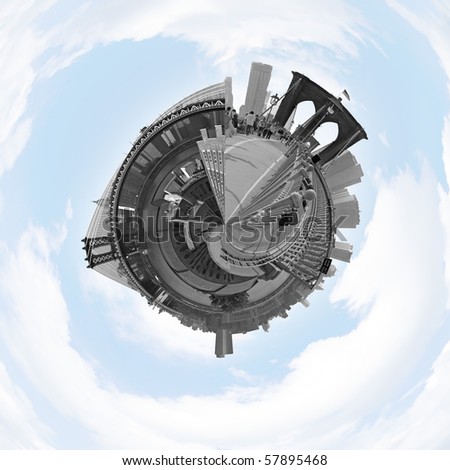 A three dimensional mini planet style panoramic image of the New York City skyline including the Brooklyn and Manhattan Bridges.