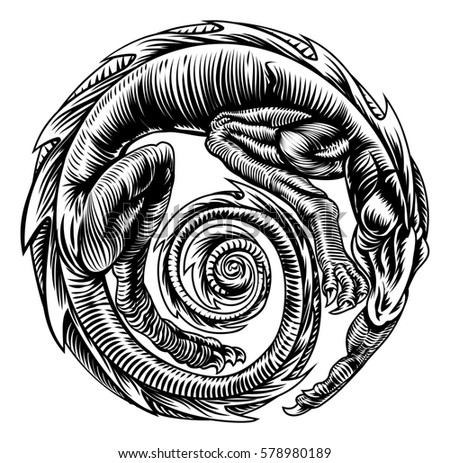 A dragon in circular shape, original illustration in a vinatge wood cut retro style