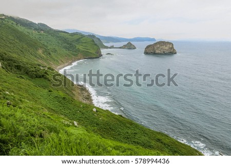 Panoramic view of Basque Country coastline and San Juan de Gaztelugatxe, northern Spain