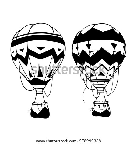 Hot air balloons set, hand drawn black silhouettes isolated on white background