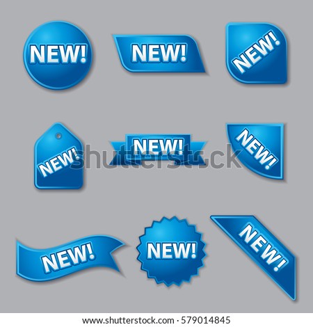 set of blue new product promotion labels and banners Royalty-Free Stock Photo #579014845