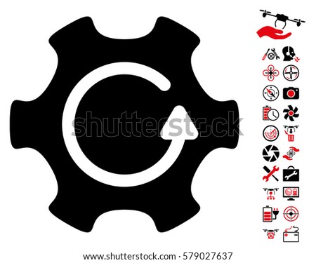 Rotate Gear icon with bonus quad copter service graphic icons. Vector illustration style is flat iconic intensive red and black symbols on white background.