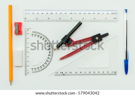 Geometry set with compass, ruler and protractor