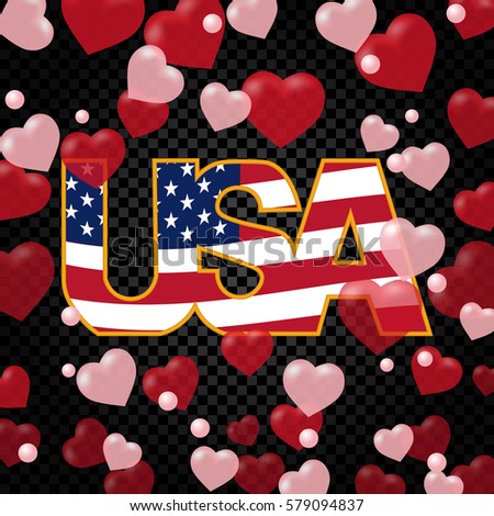 Presidents' Day. Greeting card or flyer. USA inscription on the background floor transparent hearts. vector illustration