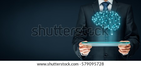 Artificial intelligence (AI), machine deep learning, neural networks and another computer technologies concepts. Brain representing artificial intelligence with printed circuit board (PCB) design. Royalty-Free Stock Photo #579095728