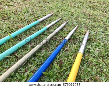 colourful javelin in grass , field .