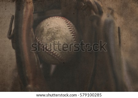 Vintage grunge baseball in mitt. Great game room decor or sports backdrop.