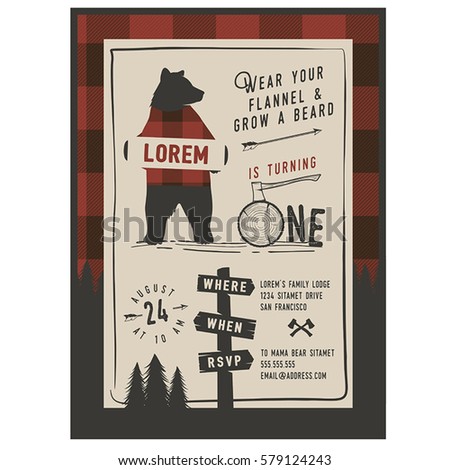 Vintage little Lumberjack party invitation design template. Trendy Lumberjack pattern included Royalty-Free Stock Photo #579124243