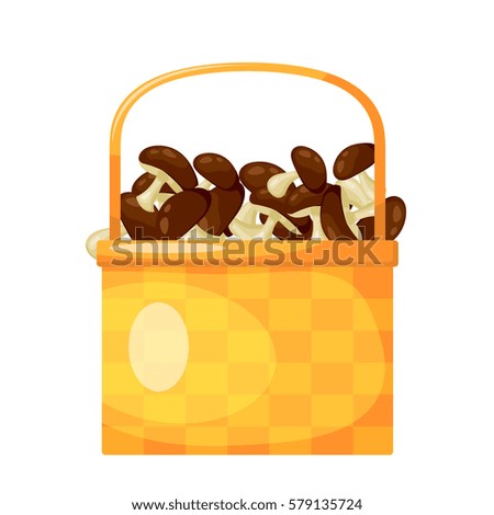 Abstract rural wicker basket with mushroom. Cartoon style. Vector illustration of a 
simple basket with ripe mushroom