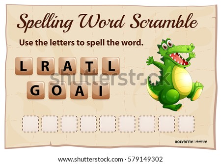 Spelling word scramble game with word alligator illustration