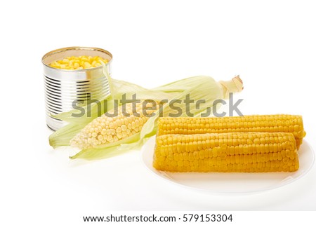 Fresh ripe ear of corn, plate with boiled corn on the cobs and canned corn in tin can on a white background.