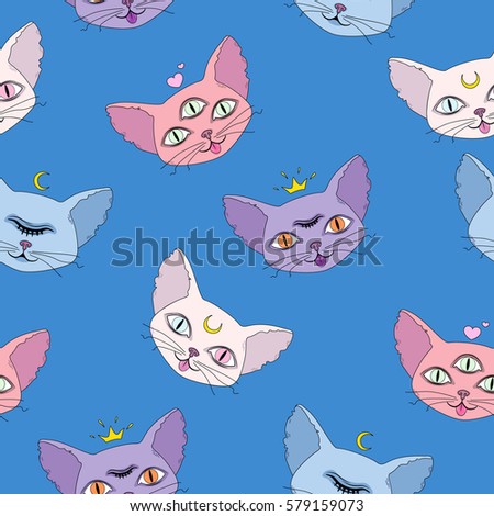 Seamless pattern of cute and strange heads of cats on blue background. Vector illustration.