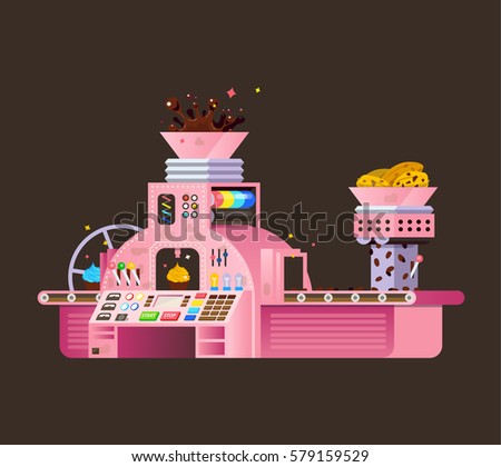 Pink Chocolate Factory illustration on dark background. Child Print of creative cacao food preparation. Smart sweets Processing Machine  