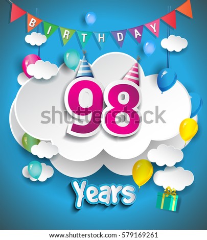 98th Anniversary Celebration Design, with clouds and balloons, confetti. Vector template elements for your, ninety eight years birthday celebration party.