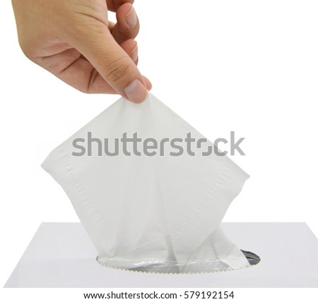 Woman hand pulling tissue. Isolated on white background Royalty-Free Stock Photo #579192154