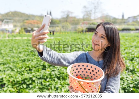 Woman taking selfie with her harvest of strawberry
