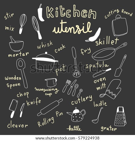 vector illustration - collection of kitchen utensils in doodle style such as cutlery, skillet, spatula, whisk, grater, knife, cleaver, pot, ladle and etc. Words regarding cooking utensils are included