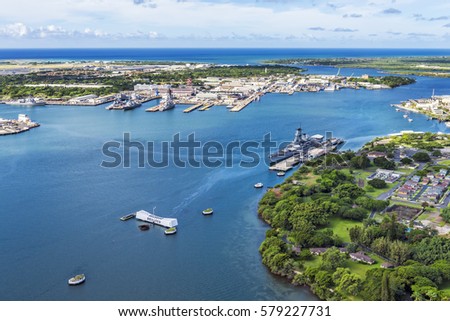 Aerial view of USS Arizona and USS Missouri Memorials at Ford Island, Pearl Harbor, Honolulu, Hawaii, USA Royalty-Free Stock Photo #579227731