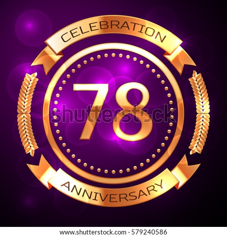 Seventy eight years anniversary celebration with golden ring and ribbon on purple background.