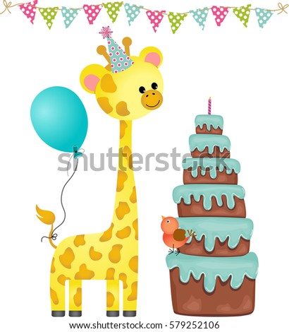 Birthday party with balloon, giraffe and cake
