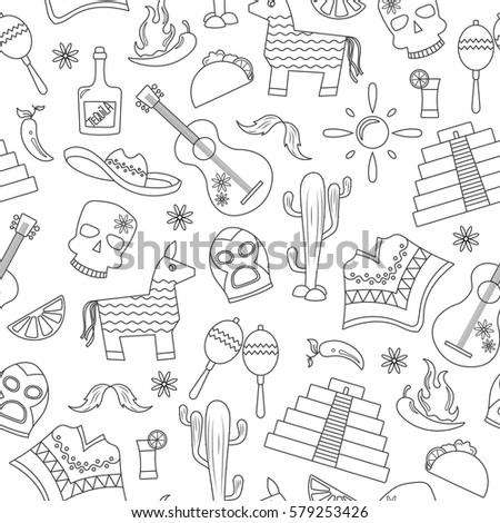 Seamless pattern on the theme of recreation in the country of Mexico, contour icons on white background