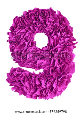 Nine. Handmade number 9 from magenta color crepe paper isolated on white background. Set of pink numbers from scraps of paper