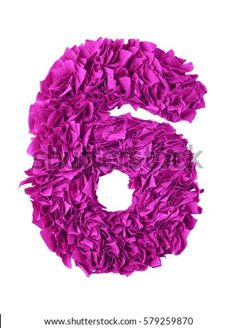 Six. Handmade number 6 from magenta color crepe paper isolated on white background. Set of pink numbers from scraps of paper