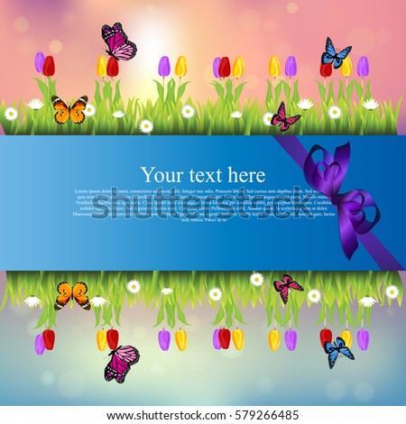 Very high quality original trendy banner with grass, chamomile, Tulip and butterfly and realistic ribbon