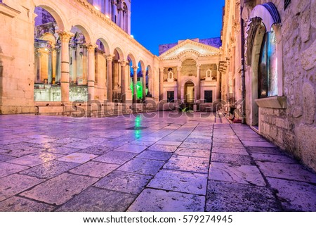 Colorful evening view at old city square Peristil in town Split, ancient roman architecture in front of Saint Domnius bell tower, croatian travel places. / Selective focus, long exposure. Royalty-Free Stock Photo #579274945