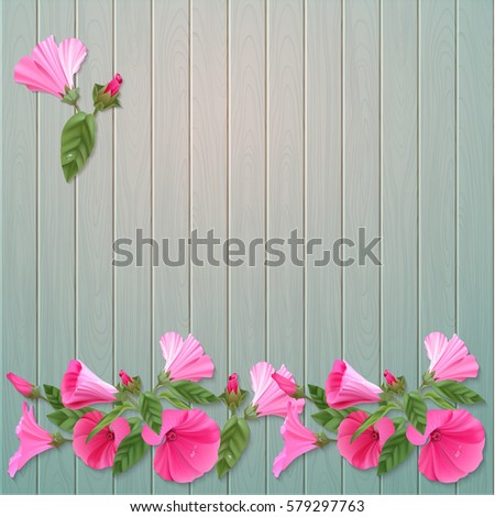 Pink flowers. Vector illustration on wooden background for greeting card, poster or leaflet.