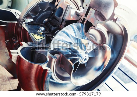 Turbocharger structure illustration with cross section, colorful toned photo with soft selective focus