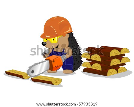 hedgehog in protective helmet works with a saw