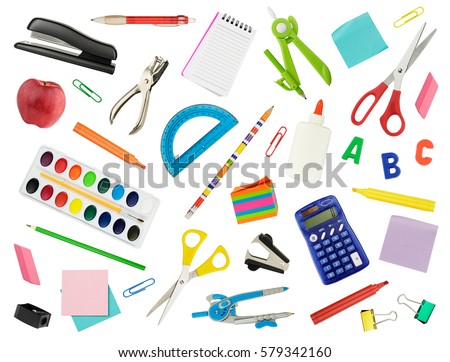 Arrangement of various school supplies, isolated in white.  