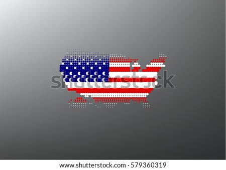Map of The United States of America made of colorful dots with the national flag on it. Abstract background. Stylish map  isolated on dark grey background. Vector image. 