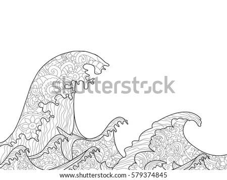 The Great Wave off Kanagawa coloring book for adults vector illustration. Anti-stress coloring for adult water, river, stream, sea, ocean, sea foam. Zentangle style nature . Black and white lines