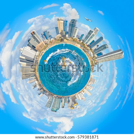 Tel Aviv city coastline on a 360 globe panorama. Aerial view. Conceptual view of the modern city skyscrapers.a