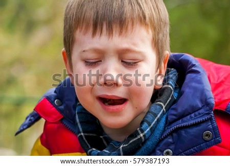 Little Caucasian child crying in a caprice and protest. Capricious child illustration. Child tantrum concept image.