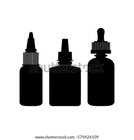 Black isolated vape bottles silhouettes set with liquid or aroma. Electronic cigarette accessorize, icons for vaporizer design
