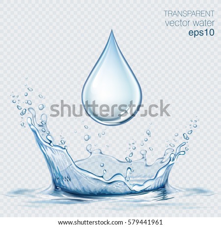 Transparent vector water splash and water drop on light background. Royalty-Free Stock Photo #579441961