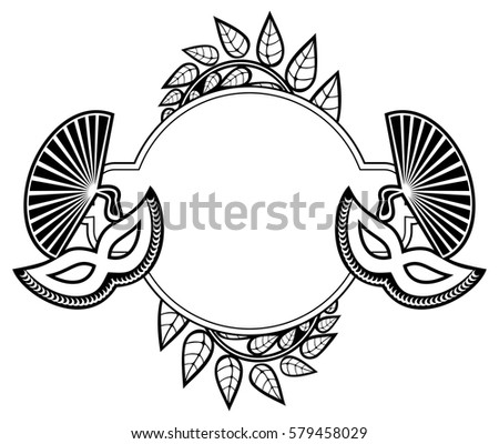 Black and white silhouette frame with carnival masks and abstract flowers. Copy space. Vector clip art.