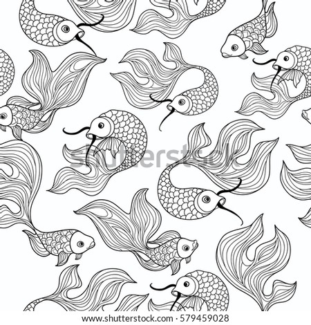Fish isolated on white background. Doodle Line Art Seamless pattern of underwater marine life in retro chinese style.