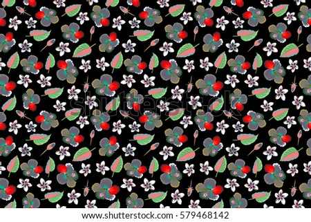 Raster hawaiian tropical natural floral. Hibiscus flower and leaves pattern on a black background in a trendy multicolored style.